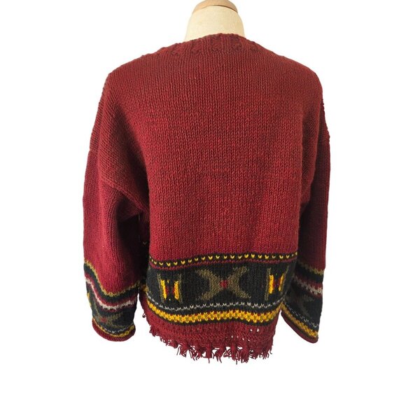 Hand Knit 80s/90s Boho Wool Sweater OverSz Uni M-XL Tribal Fringe Hem Brick Red - Picture 2 of 8